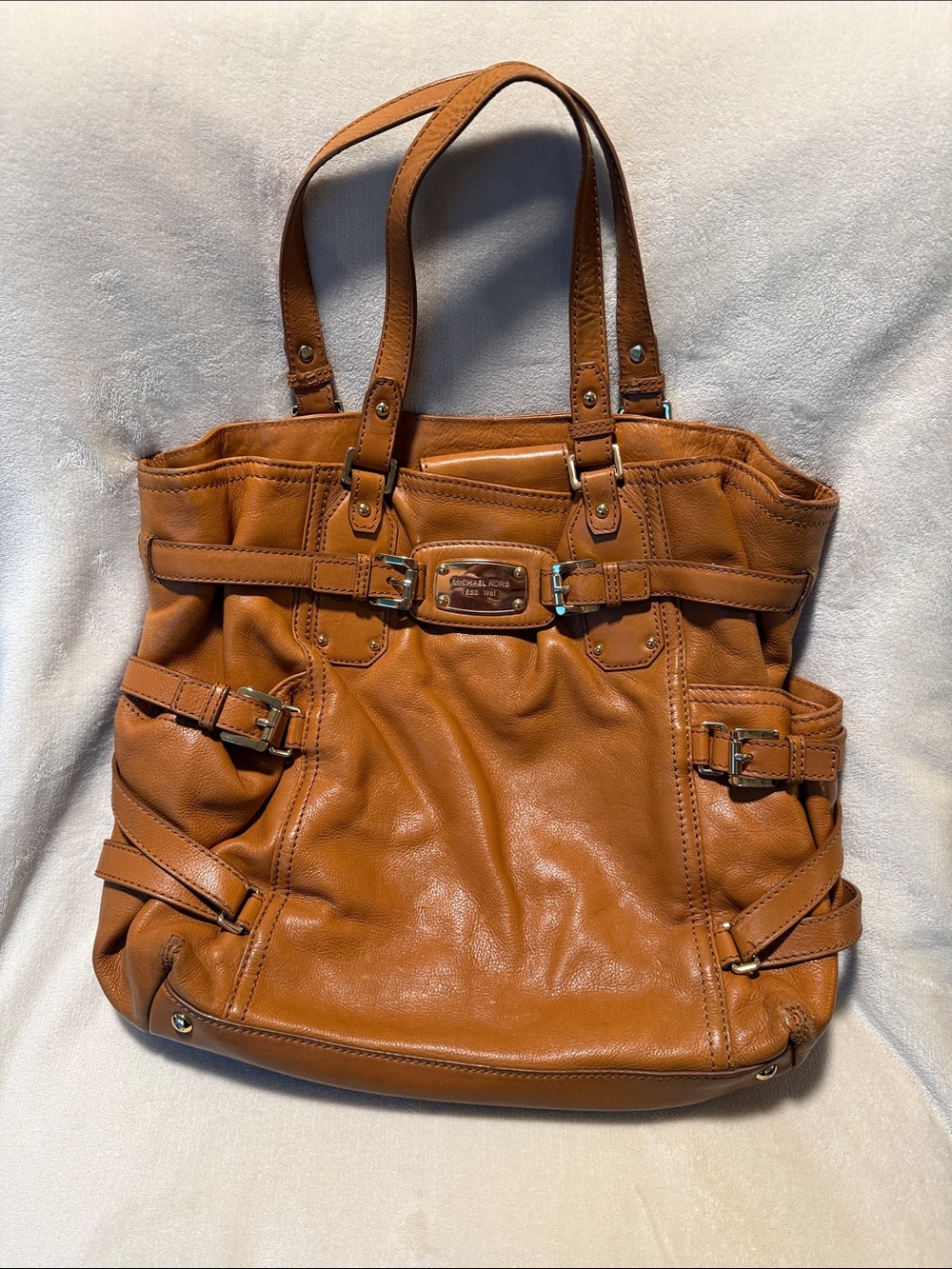 Michael Kors Astor Cognac Leather Belted Buckle Tote Y2K
